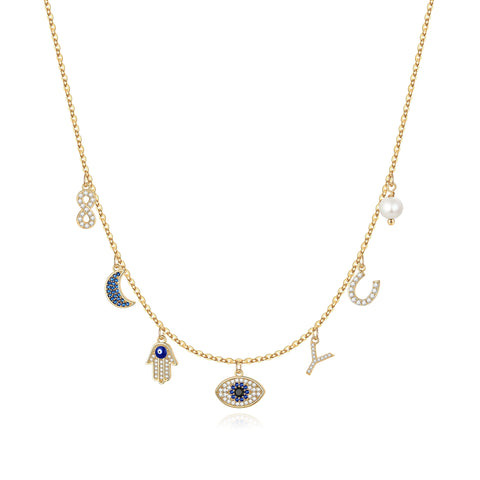 MONOOC 14K Gold Plated Evil Eye Choker Necklace for Women CZ Initial Horseshose Evil Eye Pearl Pendant Necklace Girl Jewelry