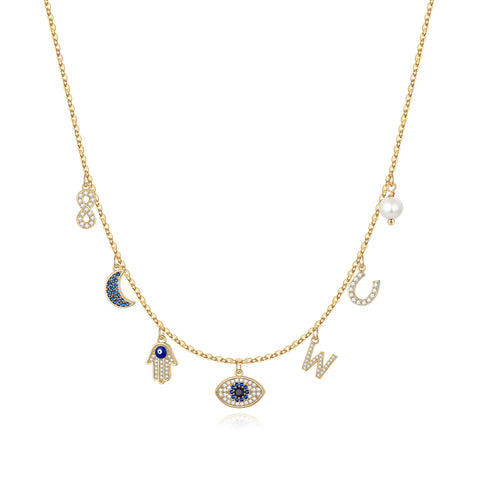 MONOOC 14K Gold Plated Evil Eye Choker Necklace for Women CZ Initial Horseshose Evil Eye Pearl Pendant Necklace Girl Jewelry
