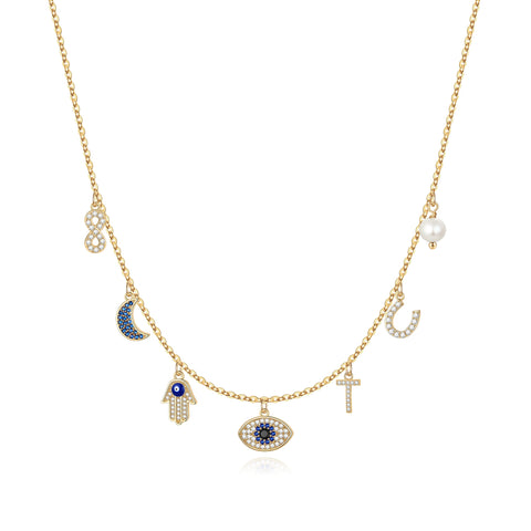MONOOC 14K Gold Plated Evil Eye Choker Necklace for Women CZ Initial Horseshose Evil Eye Pearl Pendant Necklace Girl Jewelry
