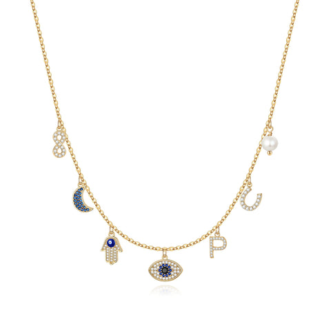 MONOOC 14K Gold Plated Evil Eye Choker Necklace for Women CZ Initial Horseshose Evil Eye Pearl Pendant Necklace Girl Jewelry