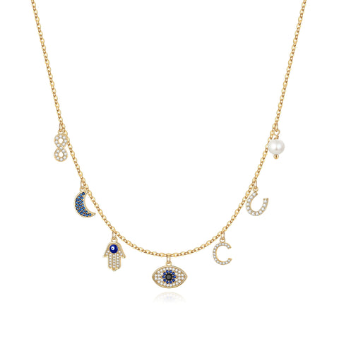 MONOOC 14K Gold Plated Evil Eye Choker Necklace for Women CZ Initial Horseshose Evil Eye Pearl Pendant Necklace Girl Jewelry