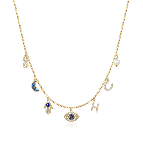 MONOOC 14K Gold Plated Evil Eye Choker Necklace for Women CZ Initial Horseshose Evil Eye Pearl Pendant Necklace Girl Jewelry