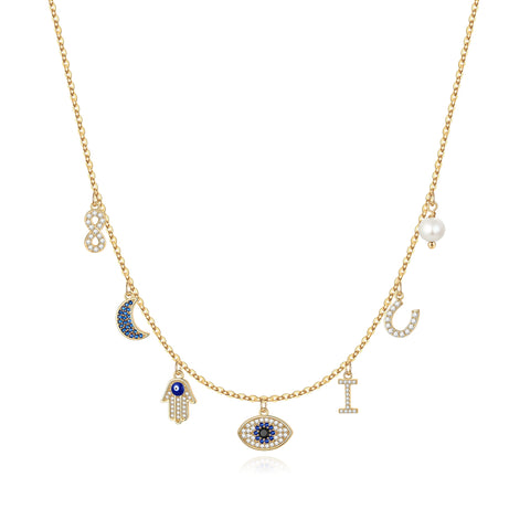 MONOOC 14K Gold Plated Evil Eye Choker Necklace for Women CZ Initial Horseshose Evil Eye Pearl Pendant Necklace Girl Jewelry