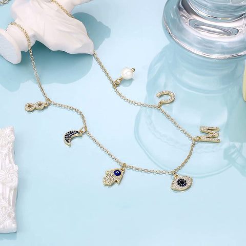 MONOOC 14K Gold Plated Evil Eye Choker Necklace for Women CZ Initial Horseshose Evil Eye Pearl Pendant Necklace Girl Jewelry