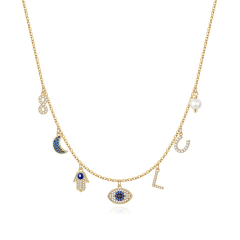 MONOOC 14K Gold Plated Evil Eye Choker Necklace for Women CZ Initial Horseshose Evil Eye Pearl Pendant Necklace Girl Jewelry