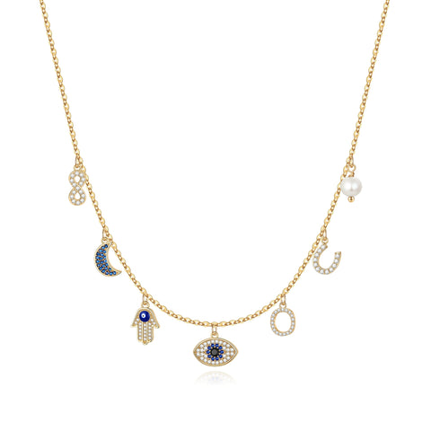 MONOOC 14K Gold Plated Evil Eye Choker Necklace for Women CZ Initial Horseshose Evil Eye Pearl Pendant Necklace Girl Jewelry