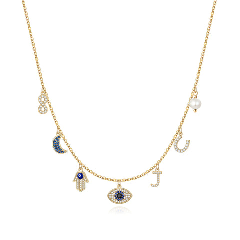 MONOOC 14K Gold Plated Evil Eye Choker Necklace for Women CZ Initial Horseshose Evil Eye Pearl Pendant Necklace Girl Jewelry