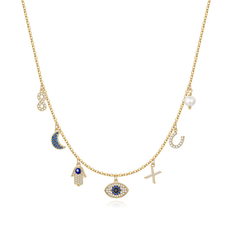 MONOOC 14K Gold Plated Evil Eye Choker Necklace for Women CZ Initial Horseshose Evil Eye Pearl Pendant Necklace Girl Jewelry