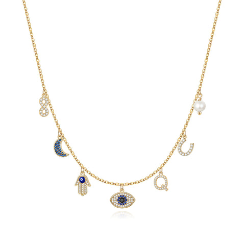 MONOOC 14K Gold Plated Evil Eye Choker Necklace for Women CZ Initial Horseshose Evil Eye Pearl Pendant Necklace Girl Jewelry